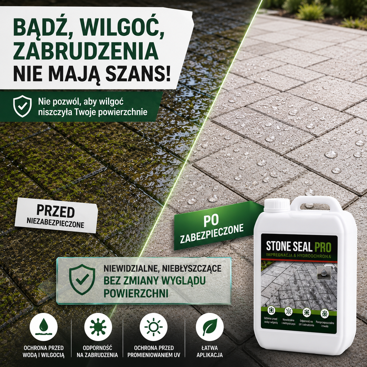Impregnacja i ochrona przed wodą 2 w 1 | Skuteczna bariera przeciw algom, mchom, porostom i grzybom